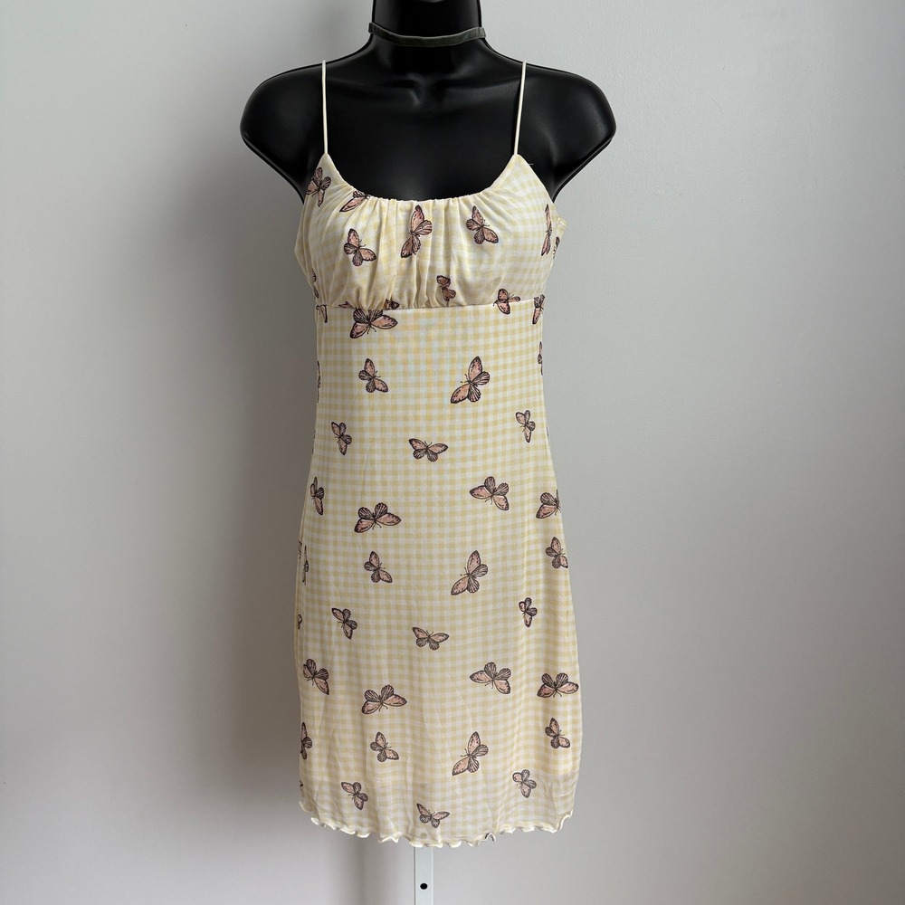 No Comment NY LA Y2K Mini Dress Yellow Gingham‎ Butterfly Print Sleeveless M